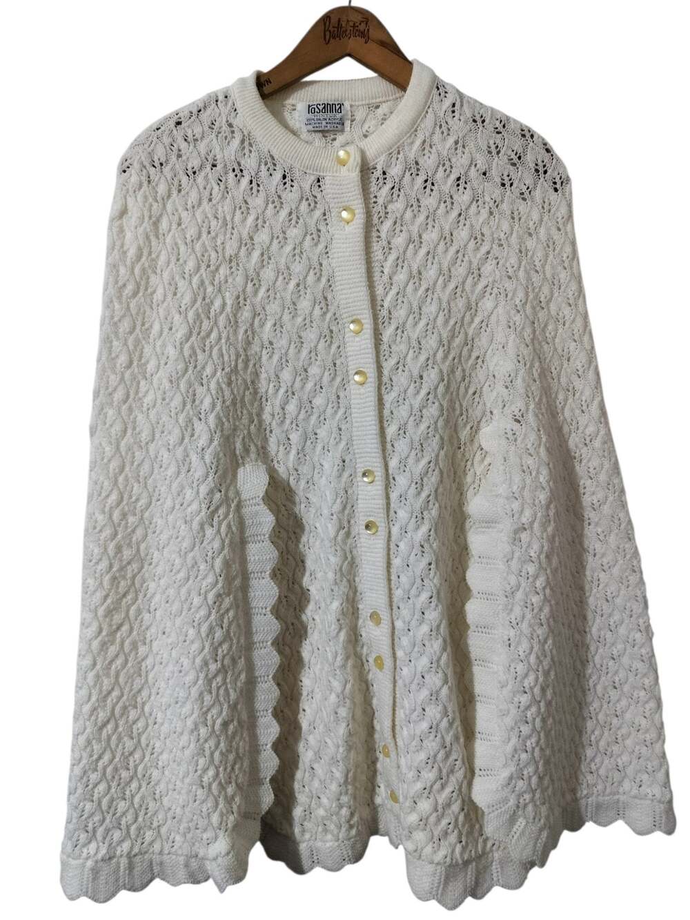 6220)Vtg Rosanna 'Wintuk' White Open Knit Grannycore Cape Poncho One Size (S/M